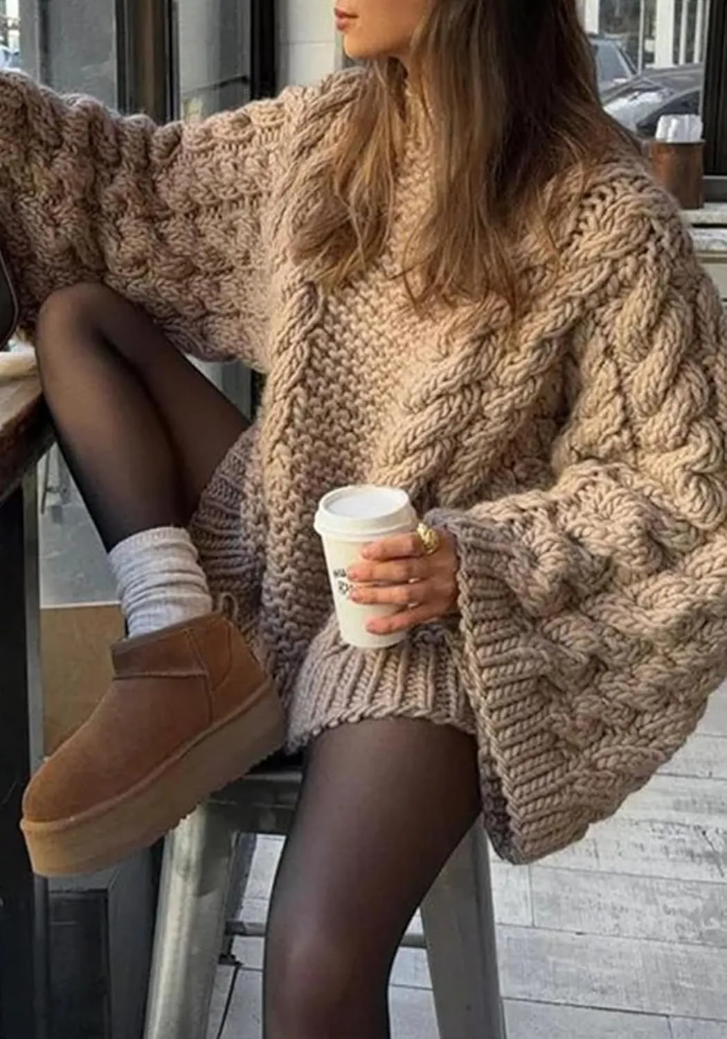 Tbahhir Women's Oversized Cable Knit Sweaters Crewneck Pullover Loose Long Sleeves Ribbed Chunky Slouchy Tunic Tops