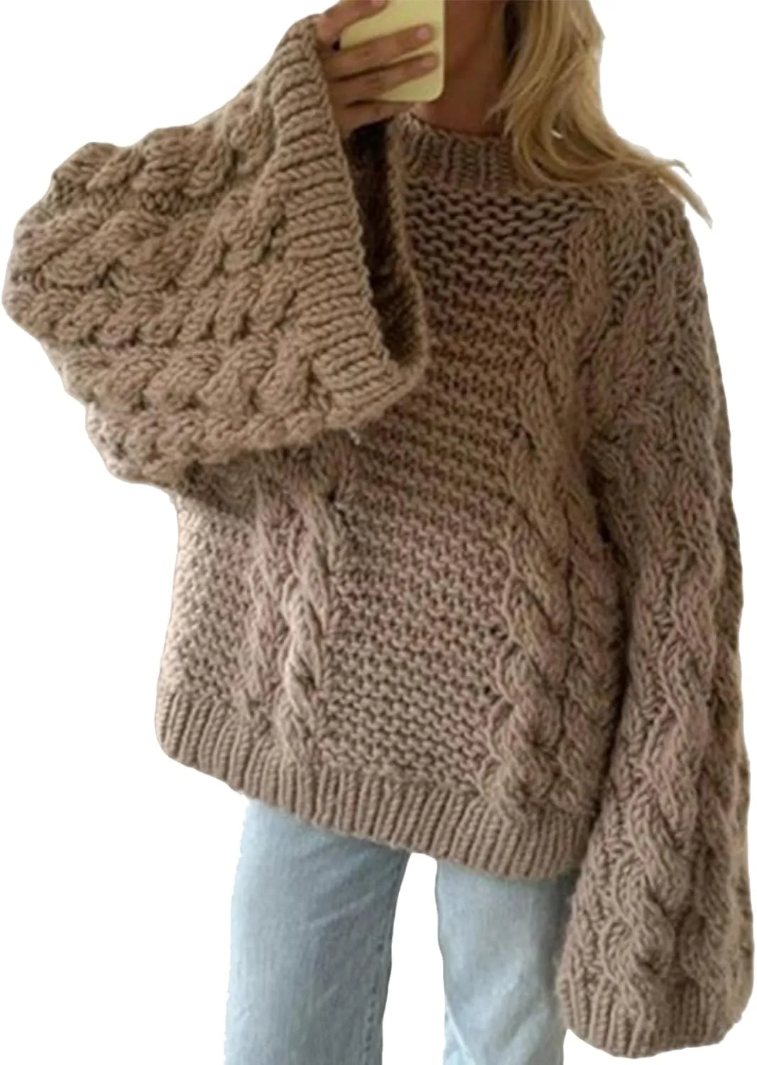 Tbahhir Women's Oversized Cable Knit Sweaters Crewneck Pullover Loose Long Sleeves Ribbed Chunky Slouchy Tunic Tops