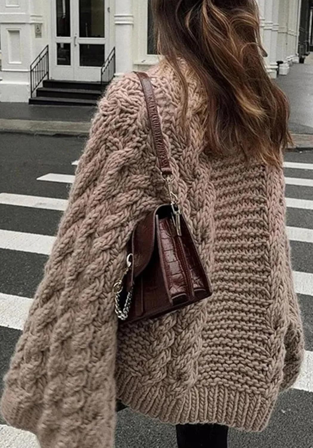 Tbahhir Women's Oversized Cable Knit Sweaters Crewneck Pullover Loose Long Sleeves Ribbed Chunky Slouchy Tunic Tops