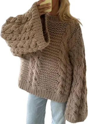 Tbahhir Women's Oversized Cable Knit Sweaters Crewneck Pullover Loose Long Sleeves Ribbed Chunky Slouchy Tunic Tops