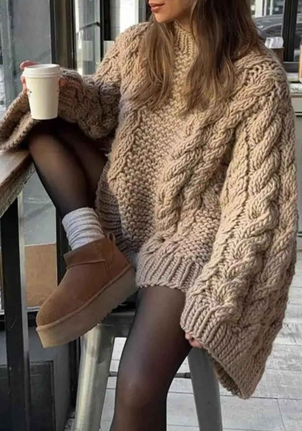 Tbahhir Women's Oversized Cable Knit Sweaters Crewneck Pullover Loose Long Sleeves Ribbed Chunky Slouchy Tunic Tops