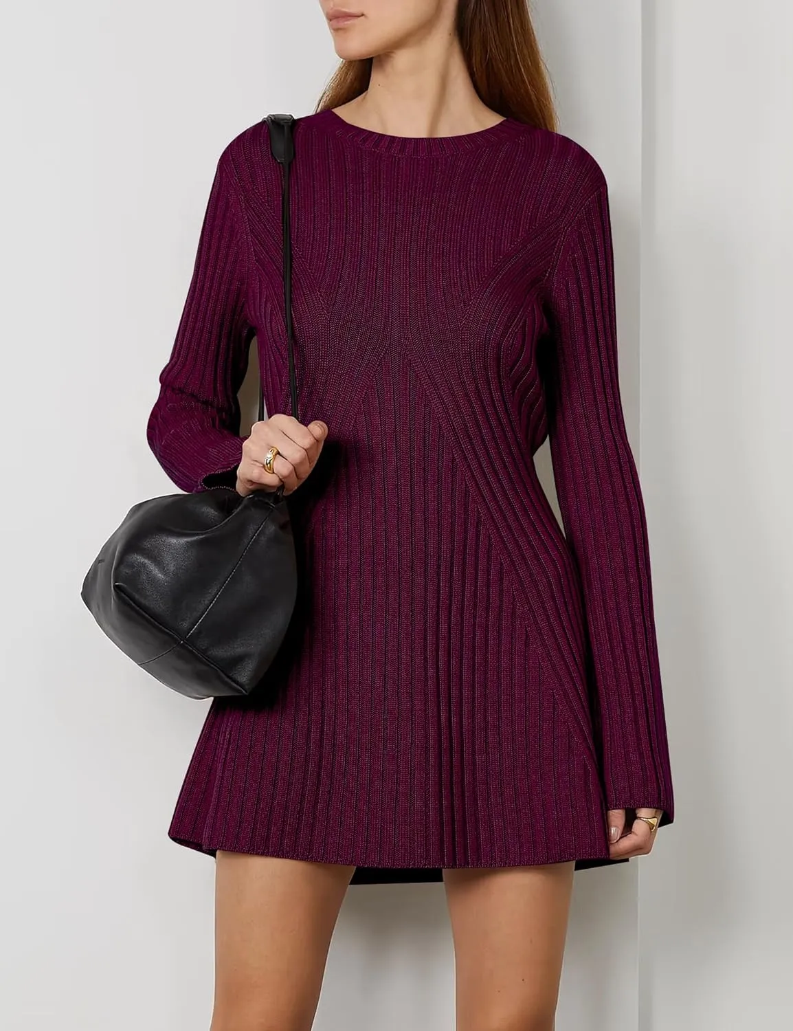 Ugerlov Women's 2024 Trendy Fall Long Sleeve Sweater Dress Round Neck Pullover Sweater Ribbed Knit Mini Dress