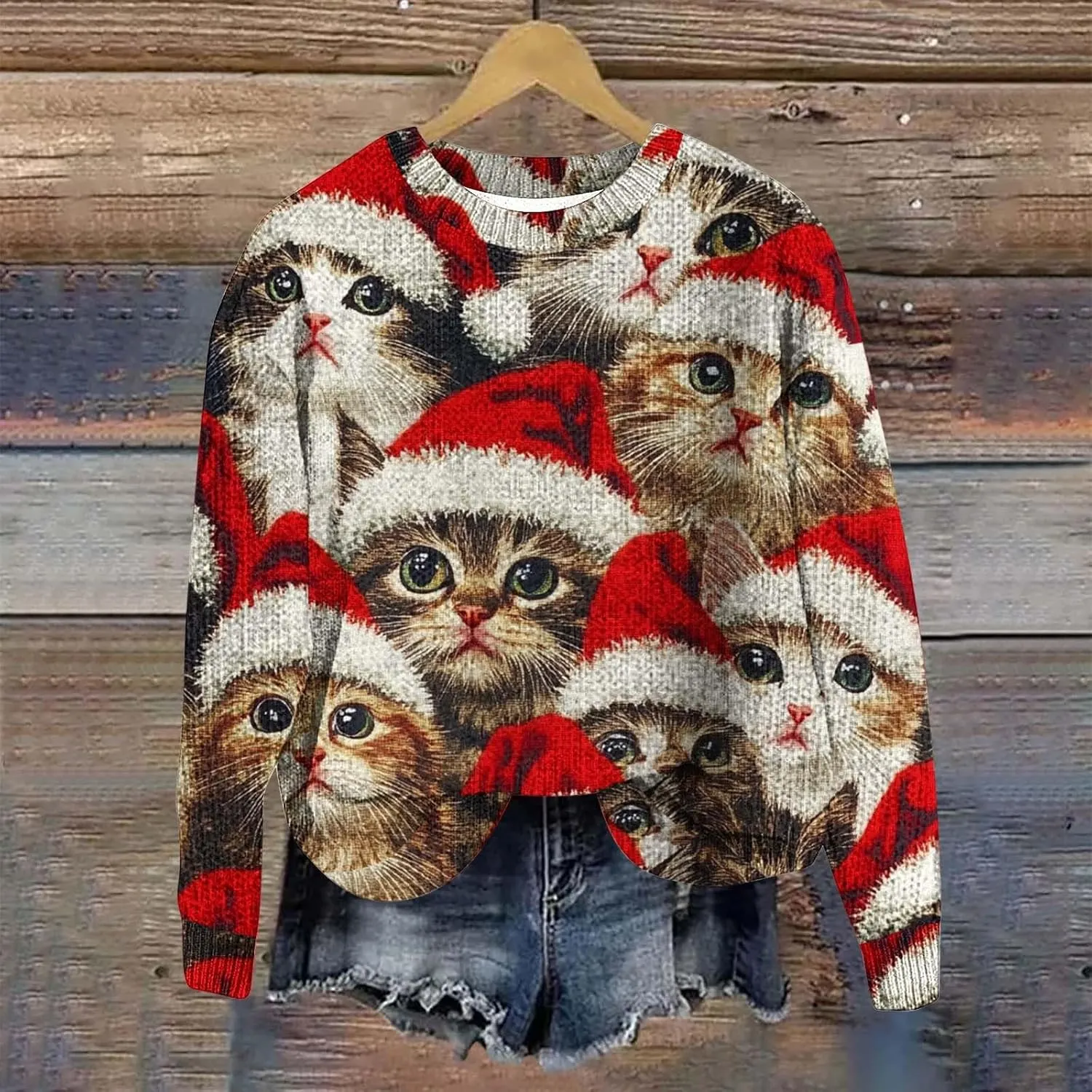 Ugly Christmas Sweater Women Men Funny Cat Sweatshirts Pullover Xmas Shirts Fashion Tops Knit Ribbed Winter Sweater