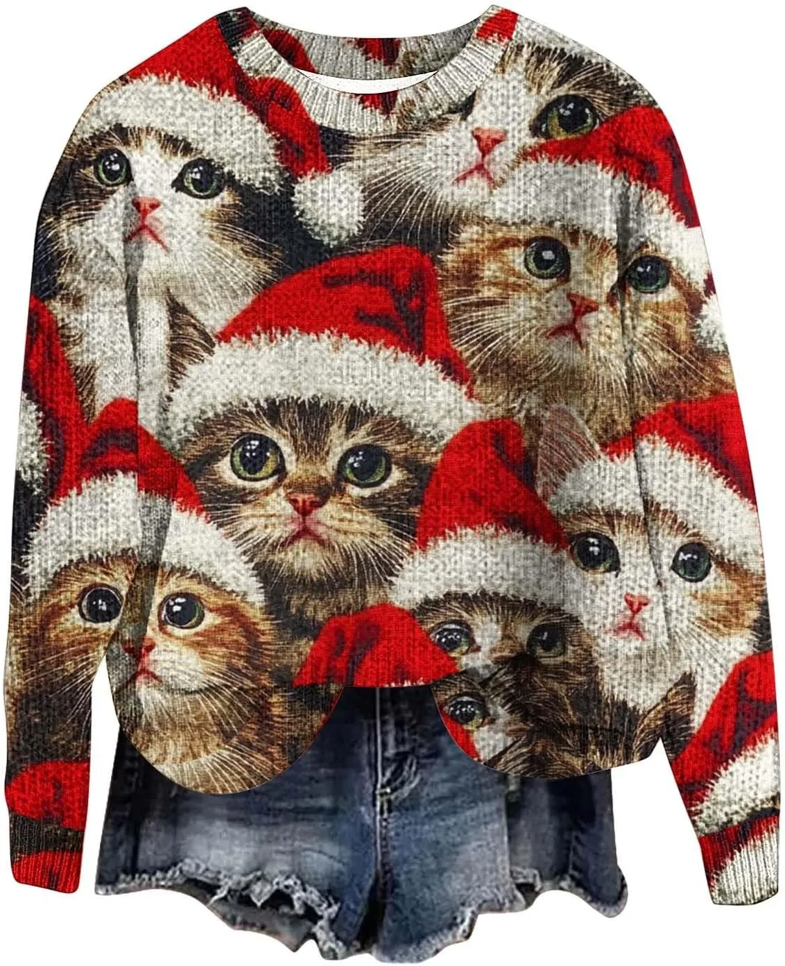 Ugly Christmas Sweater Women Men Funny Cat Sweatshirts Pullover Xmas Shirts Fashion Tops Knit Ribbed Winter Sweater