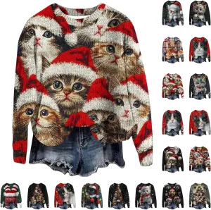 Ugly Christmas Sweater Women Men Funny Cat Sweatshirts Pullover Xmas Shirts Fashion Tops Knit Ribbed Winter Sweater