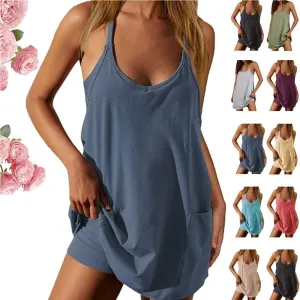 Visulong Romper Dress, Womens Summer Sleeveless Sports Mini Dress Built in Shapewear Shor, Athletic Dress with Pocket