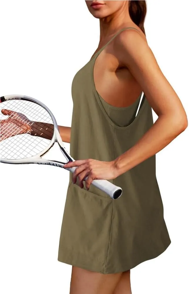 Visulong Romper Dress, Womens Summer Sleeveless Sports Mini Dress Built in Shapewear Shor, Athletic Dress with Pocket