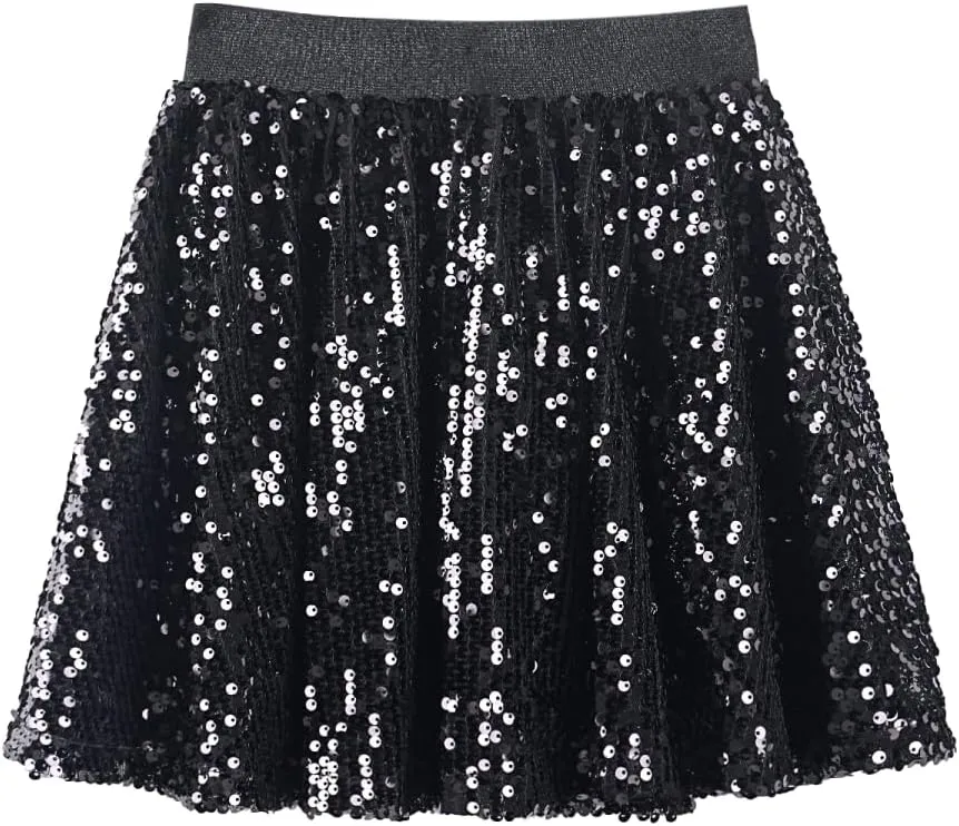 WELAKEN Sequin Skirt for Girls Kids Elastic Waist A-Line Sparlky Mini Skirt with Lining