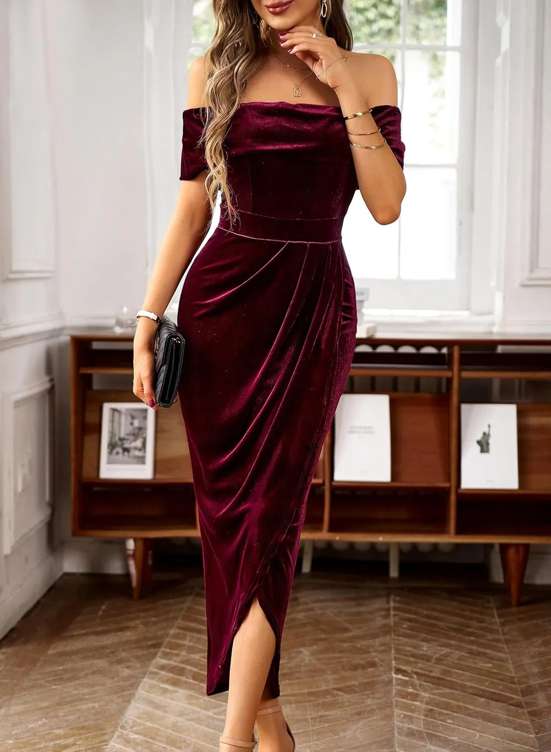 Wellwits Women's Foldover Off Shoulder Velvet Long Evening Pencil Dress