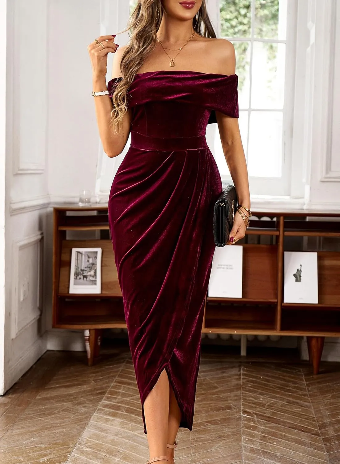 Wellwits Women's Foldover Off Shoulder Velvet Long Evening Pencil Dress