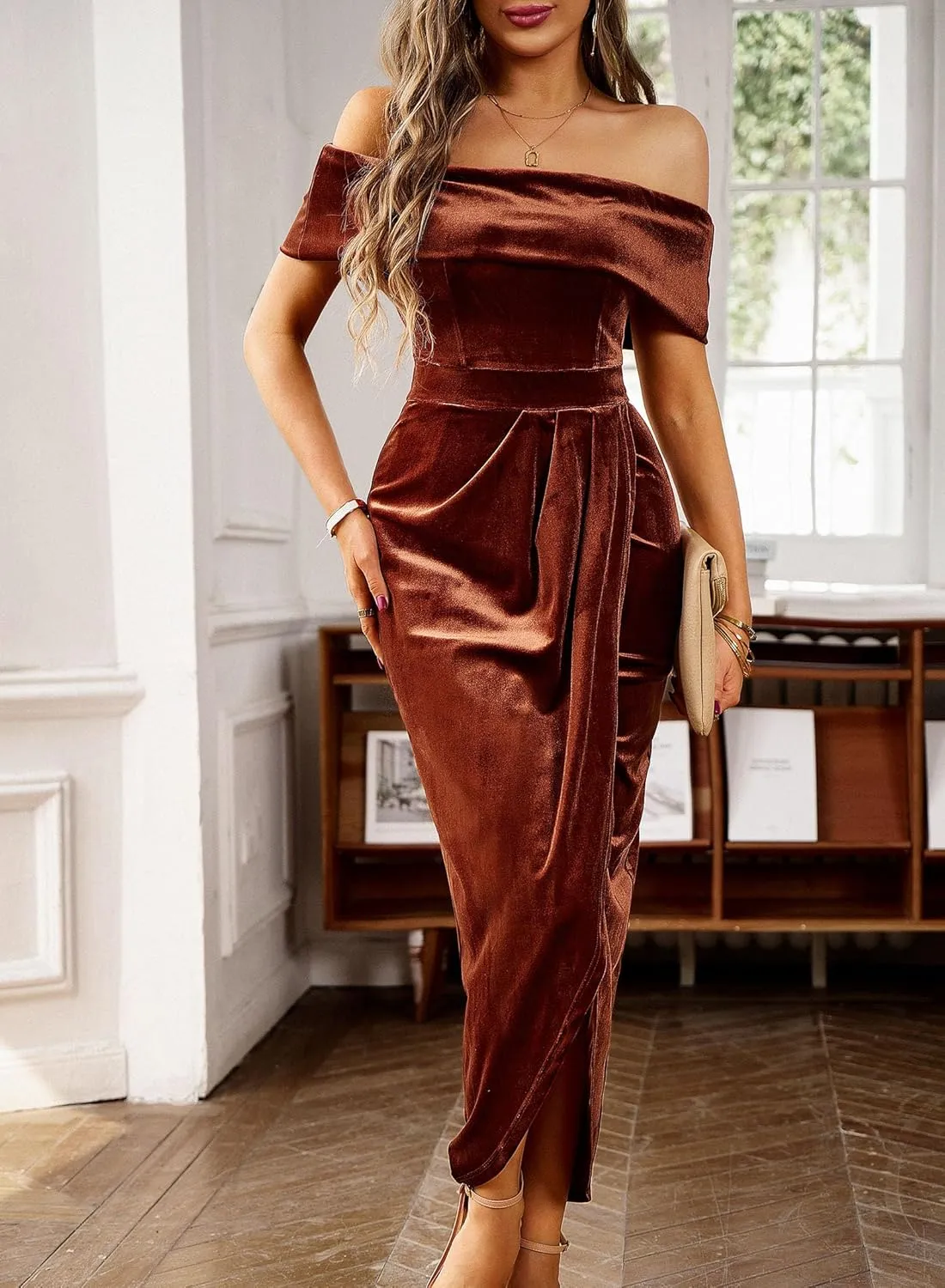 Wellwits Women's Foldover Off Shoulder Velvet Long Evening Pencil Dress