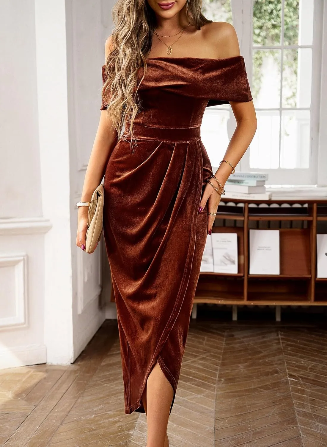 Wellwits Women's Foldover Off Shoulder Velvet Long Evening Pencil Dress