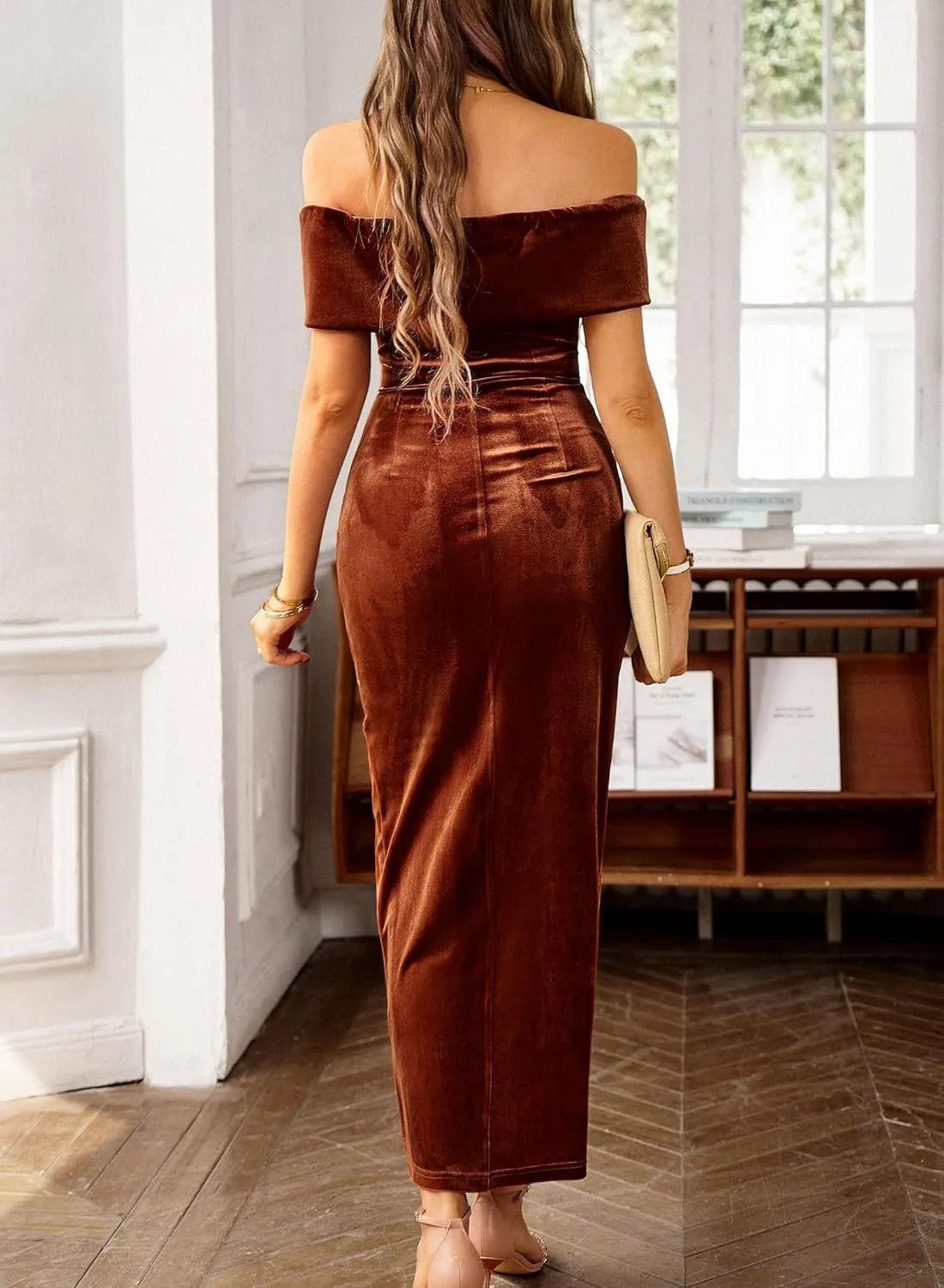Wellwits Women's Foldover Off Shoulder Velvet Long Evening Pencil Dress