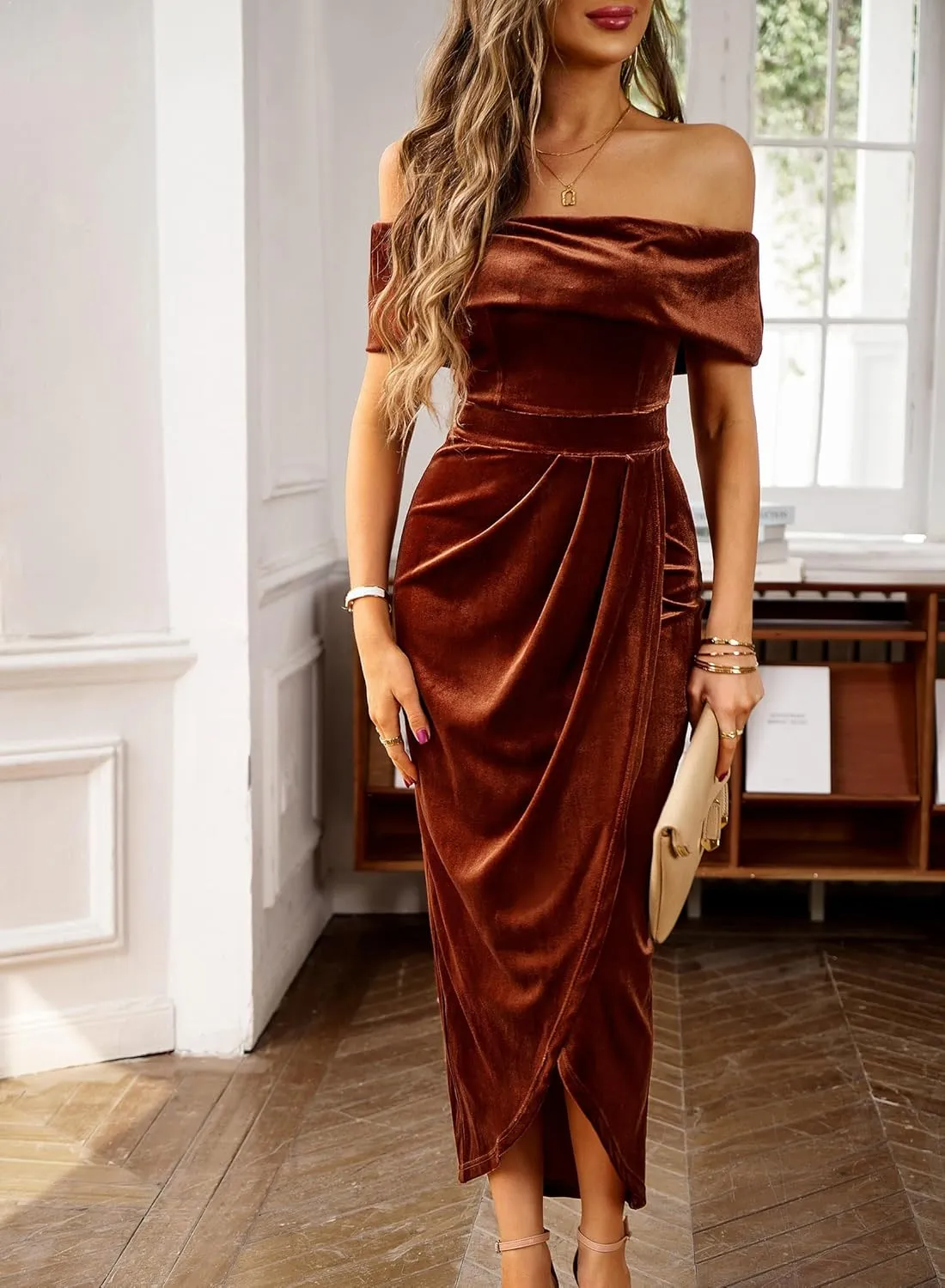 Wellwits Women's Foldover Off Shoulder Velvet Long Evening Pencil Dress