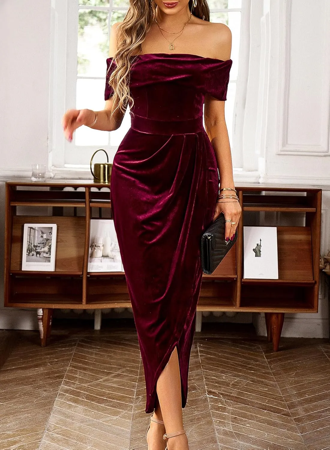 Wellwits Women's Foldover Off Shoulder Velvet Long Evening Pencil Dress