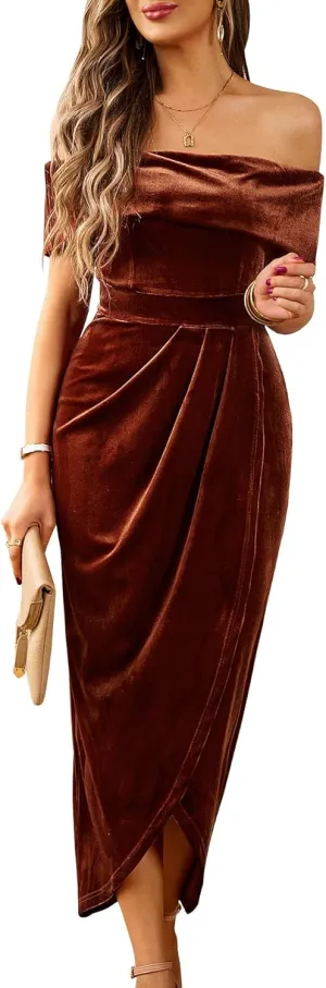 Wellwits Women's Foldover Off Shoulder Velvet Long Evening Pencil Dress
