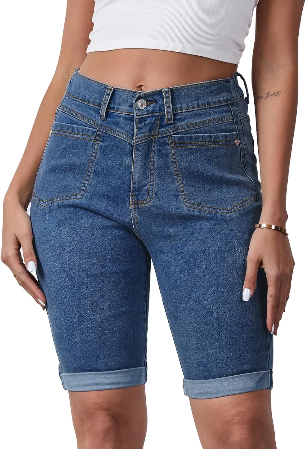 Women's Casual Straight Leg Long Denim Shorts Elastic Bermuda Jean Shorts