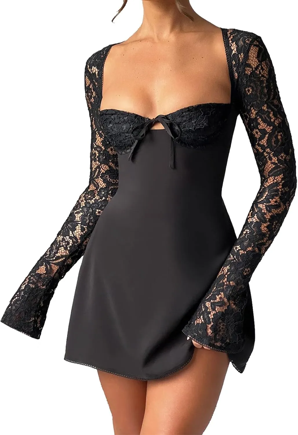 Women's Elegant Bodycon Dress Lace Patchwork Long Sleeve Low Cut Mini Dress Backless Tie-up Short Dress