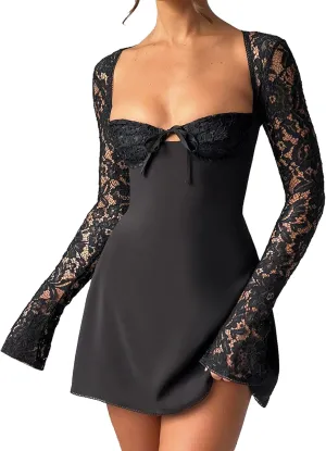 Women's Elegant Bodycon Dress Lace Patchwork Long Sleeve Low Cut Mini Dress Backless Tie-up Short Dress