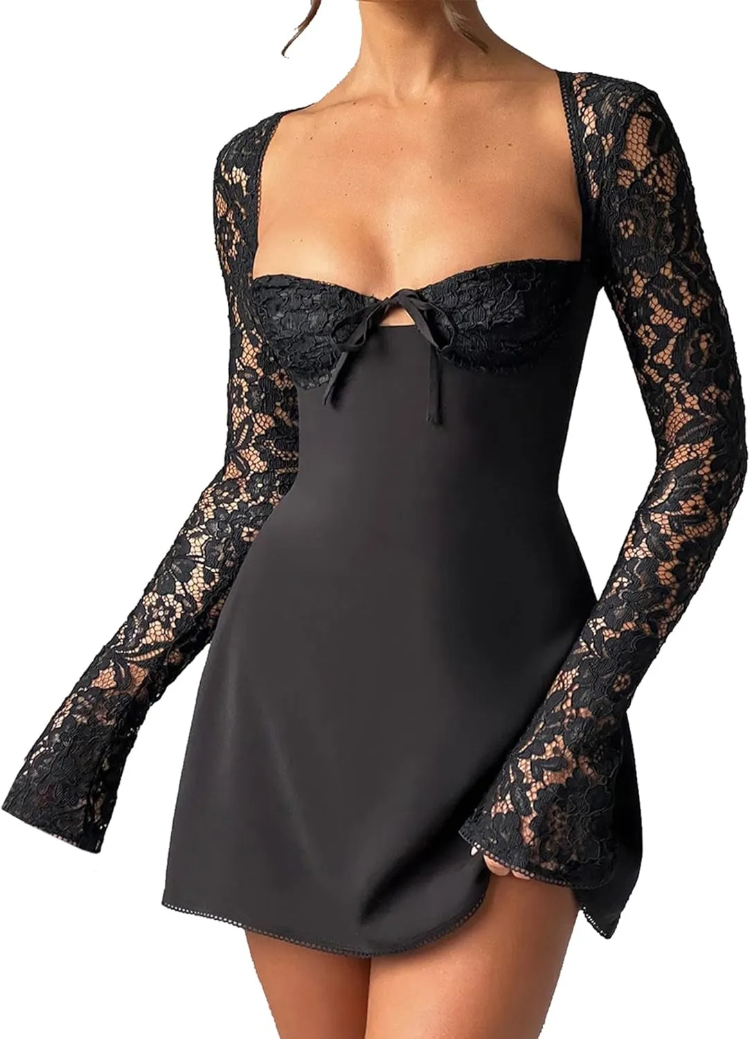 Women's Elegant Bodycon Dress Lace Patchwork Long Sleeve Low Cut Mini Dress Backless Tie-up Short Dress
