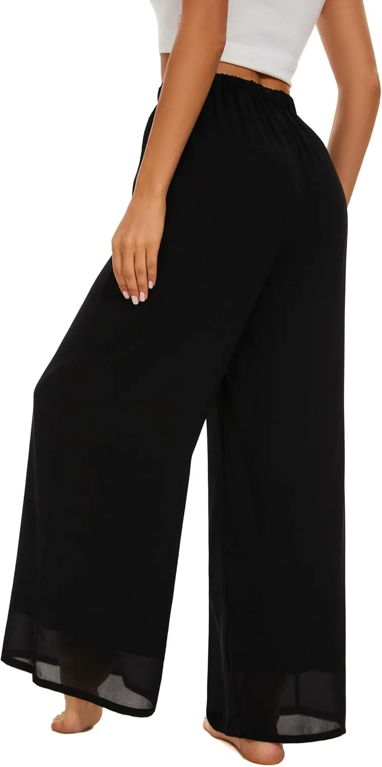 Womens Lightweight Evening High Elastic Waisted Wide Leg Dressy Pants Casual Flowy Trousers