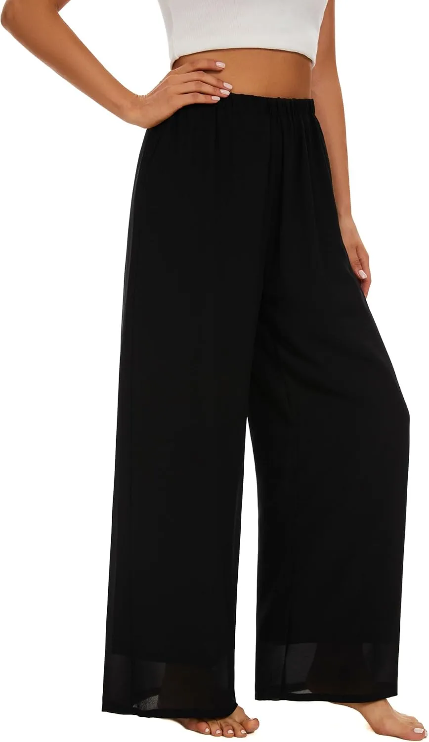 Womens Lightweight Evening High Elastic Waisted Wide Leg Dressy Pants Casual Flowy Trousers