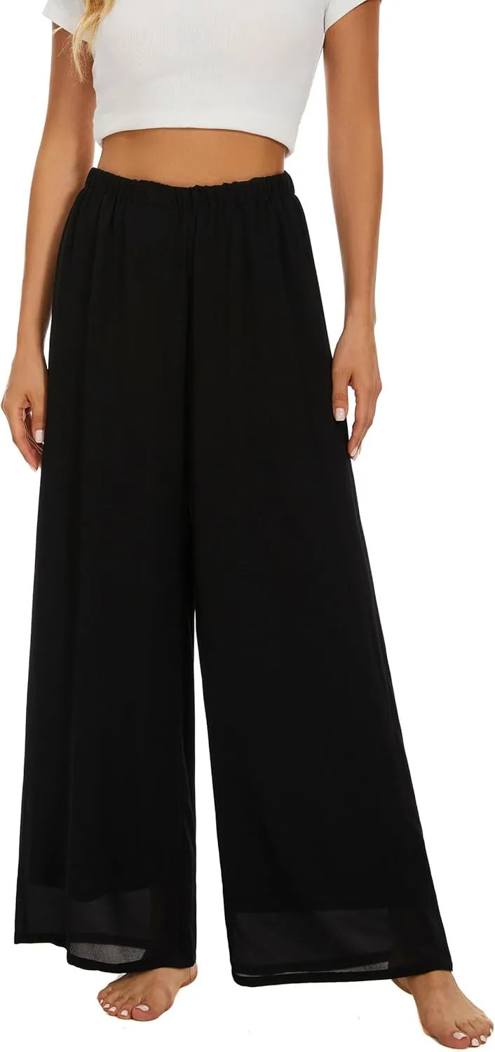 Womens Lightweight Evening High Elastic Waisted Wide Leg Dressy Pants Casual Flowy Trousers