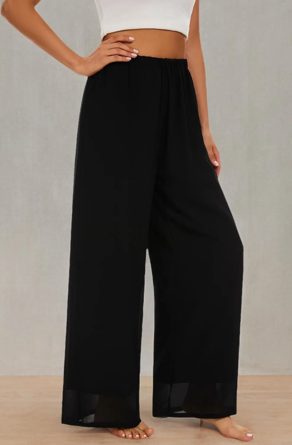 Womens Lightweight Evening High Elastic Waisted Wide Leg Dressy Pants Casual Flowy Trousers