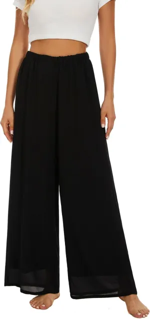 Womens Lightweight Evening High Elastic Waisted Wide Leg Dressy Pants Casual Flowy Trousers
