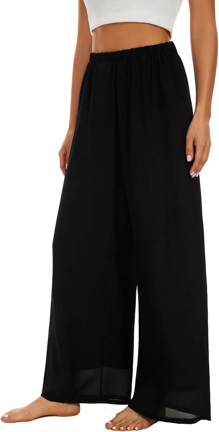 Womens Lightweight Evening High Elastic Waisted Wide Leg Dressy Pants Casual Flowy Trousers