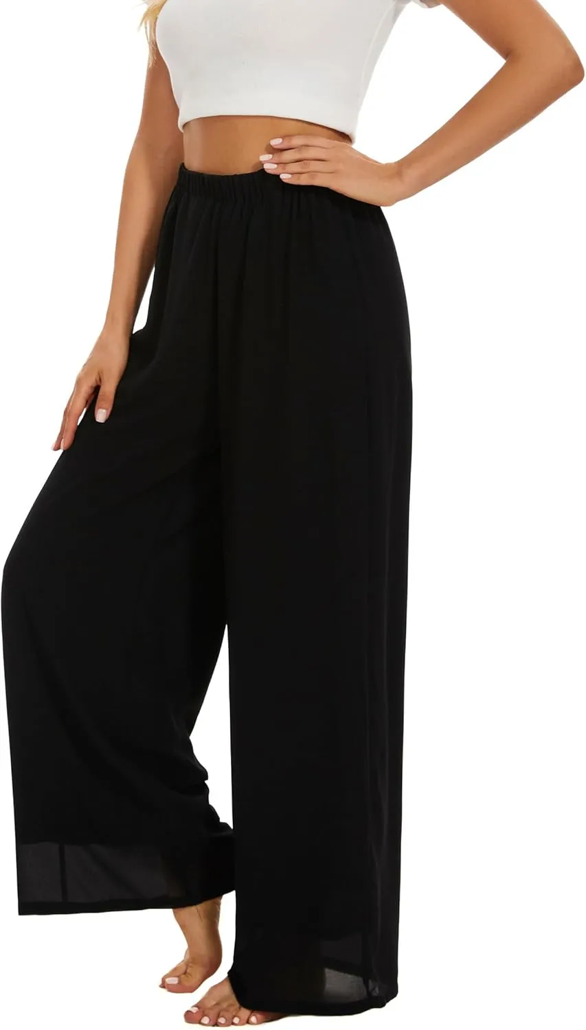 Womens Lightweight Evening High Elastic Waisted Wide Leg Dressy Pants Casual Flowy Trousers
