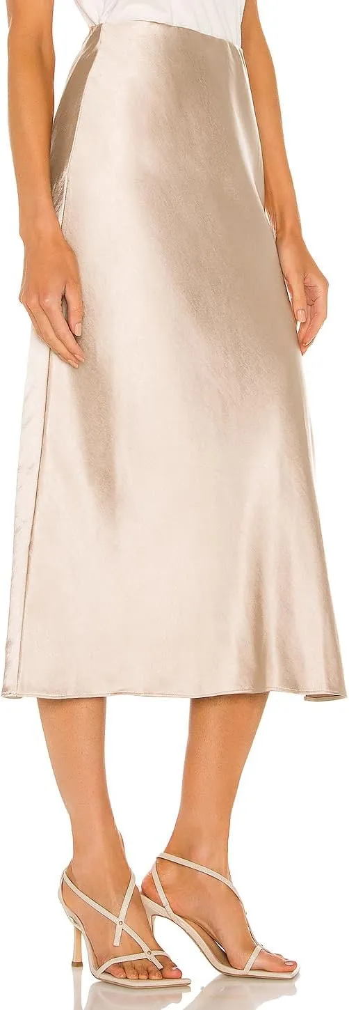 Womens Satin Midi Skirt Elastic High Waist Silky A Line Slit Skirts