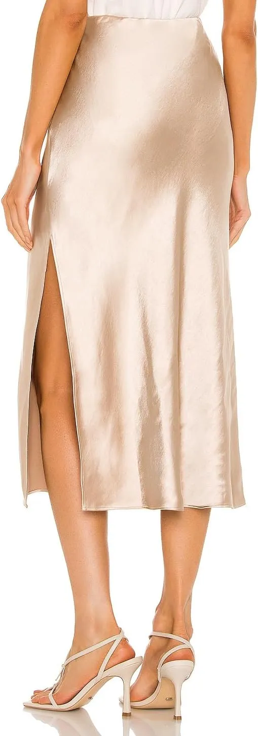 Womens Satin Midi Skirt Elastic High Waist Silky A Line Slit Skirts