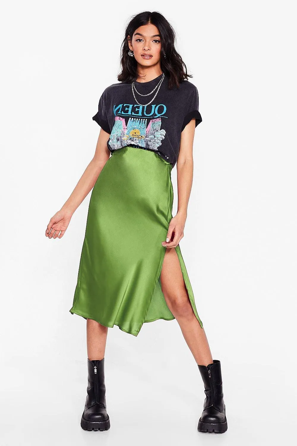 Womens Satin Midi Skirt Elastic High Waist Silky A Line Slit Skirts