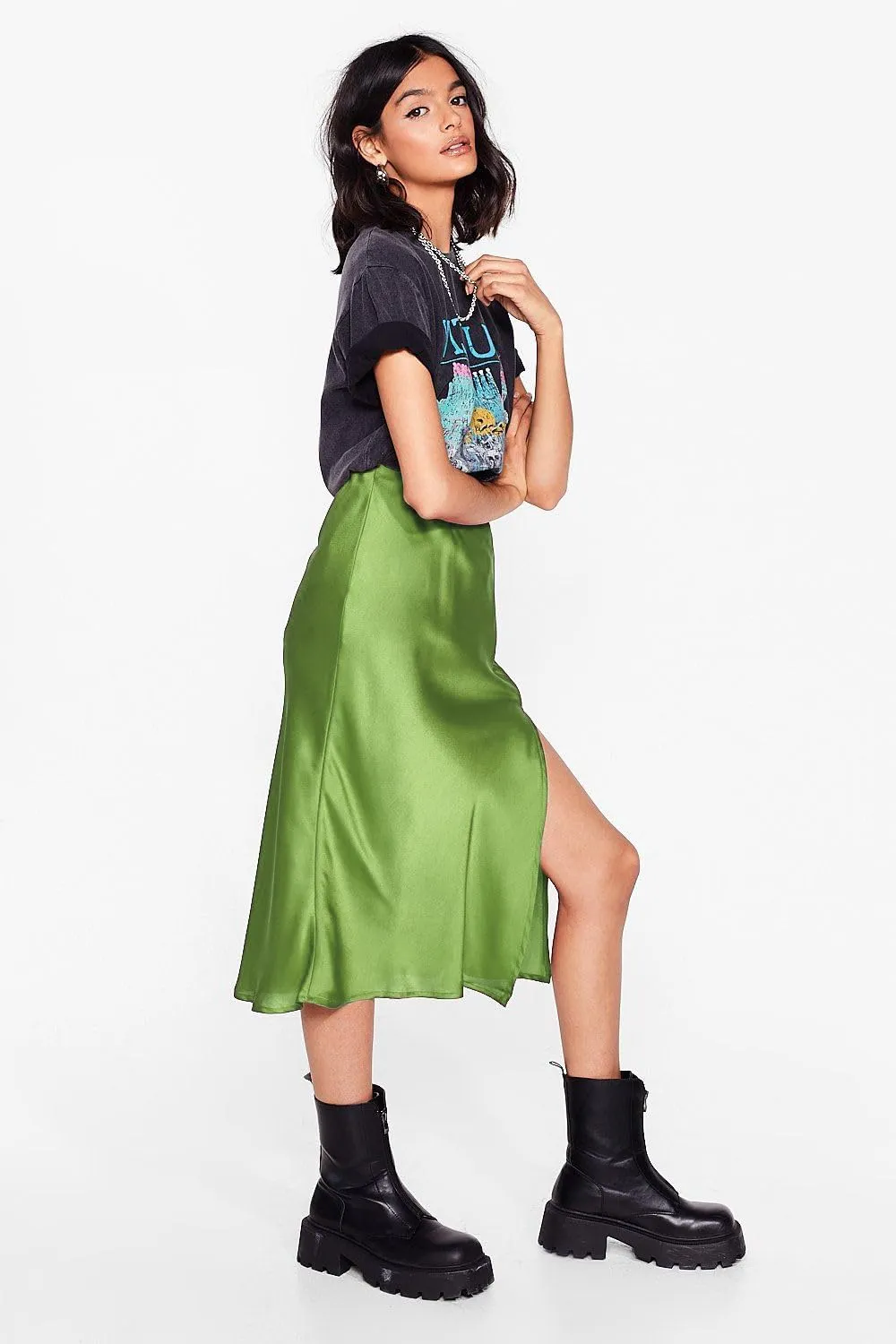 Womens Satin Midi Skirt Elastic High Waist Silky A Line Slit Skirts