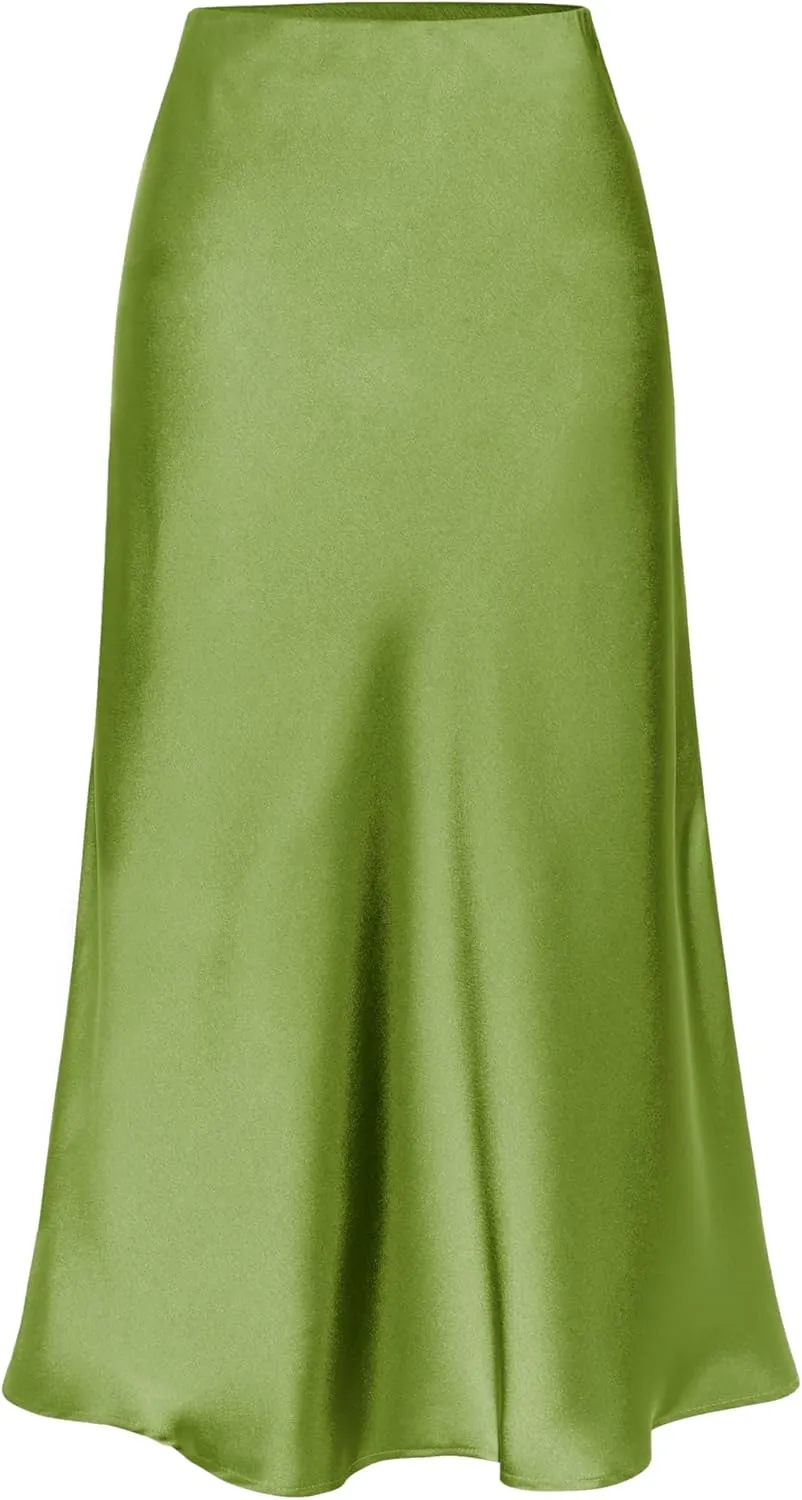 Womens Satin Midi Skirt Elastic High Waist Silky A Line Slit Skirts