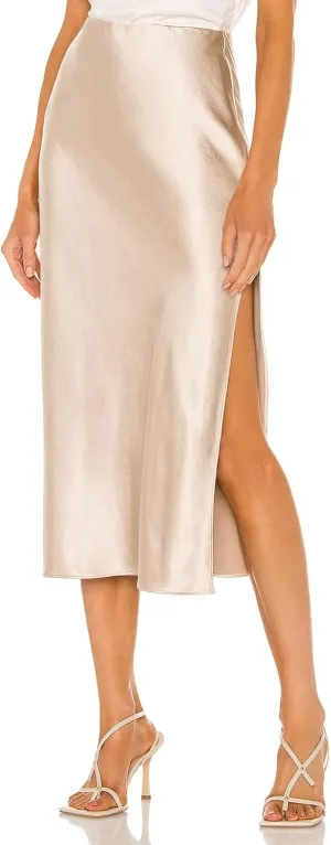 Womens Satin Midi Skirt Elastic High Waist Silky A Line Slit Skirts