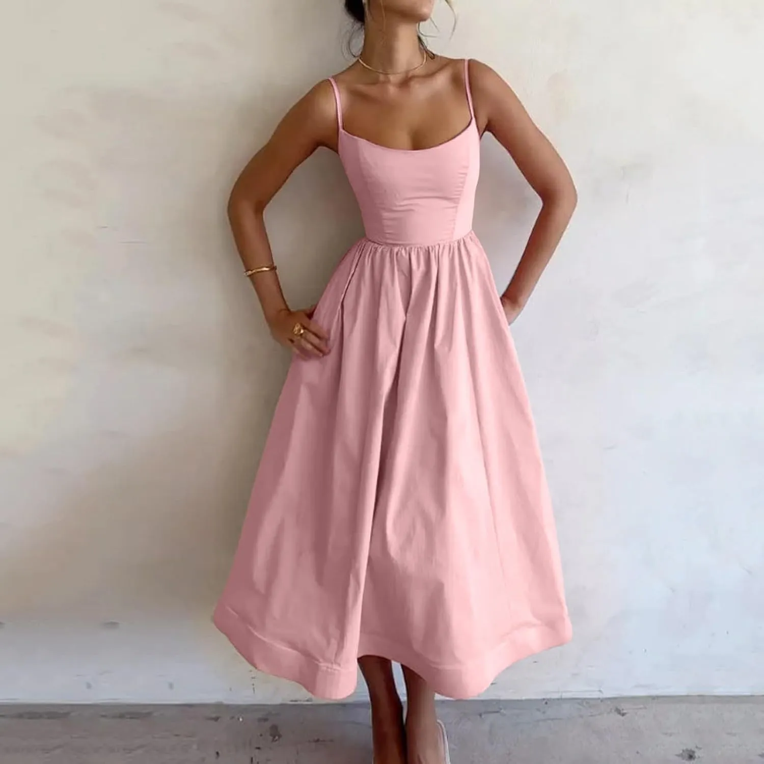 Women's Summer Corset Midi Dress Casual Spaghetti Strap Flowy Milkmaid Dresses A-Line Low Cut Bust Boho Sundress