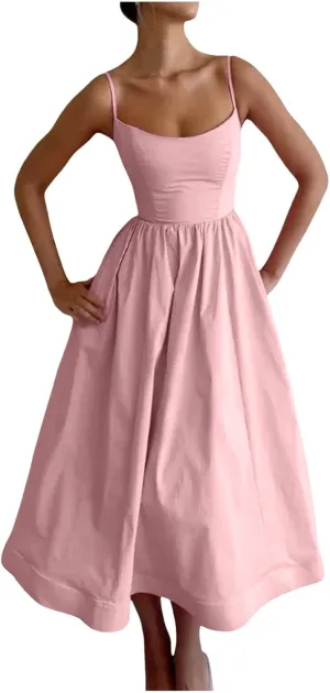 Women's Summer Corset Midi Dress Casual Spaghetti Strap Flowy Milkmaid Dresses A-Line Low Cut Bust Boho Sundress