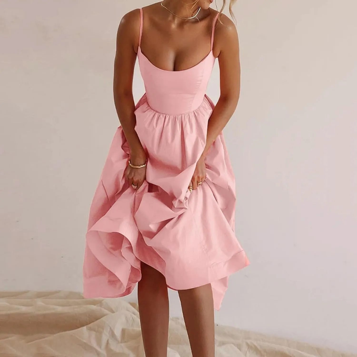 Women's Summer Corset Midi Dress Casual Spaghetti Strap Flowy Milkmaid Dresses A-Line Low Cut Bust Boho Sundress