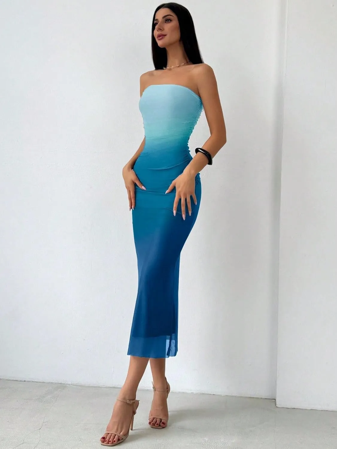 Women's Summer Dress Gradient Strapless Tube Dress Bodycon Long Dress Side Slit Mesh Layered