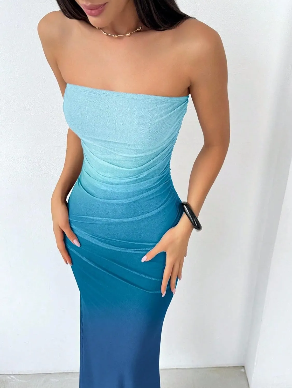 Women's Summer Dress Gradient Strapless Tube Dress Bodycon Long Dress Side Slit Mesh Layered