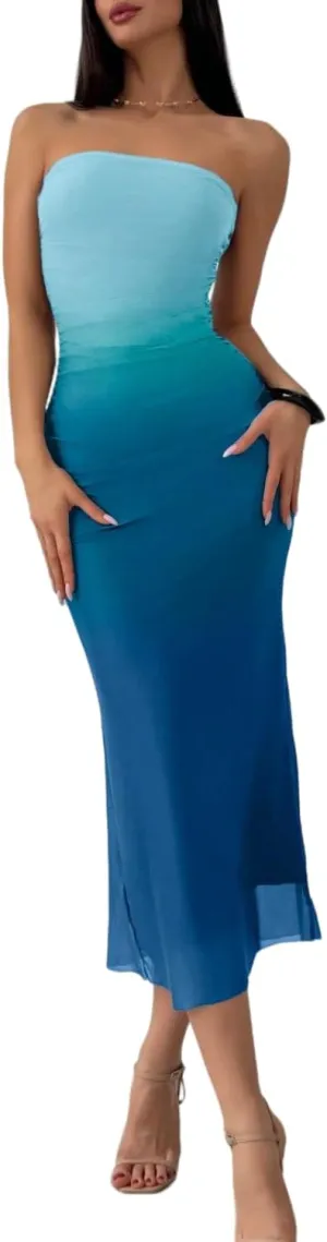 Women's Summer Dress Gradient Strapless Tube Dress Bodycon Long Dress Side Slit Mesh Layered