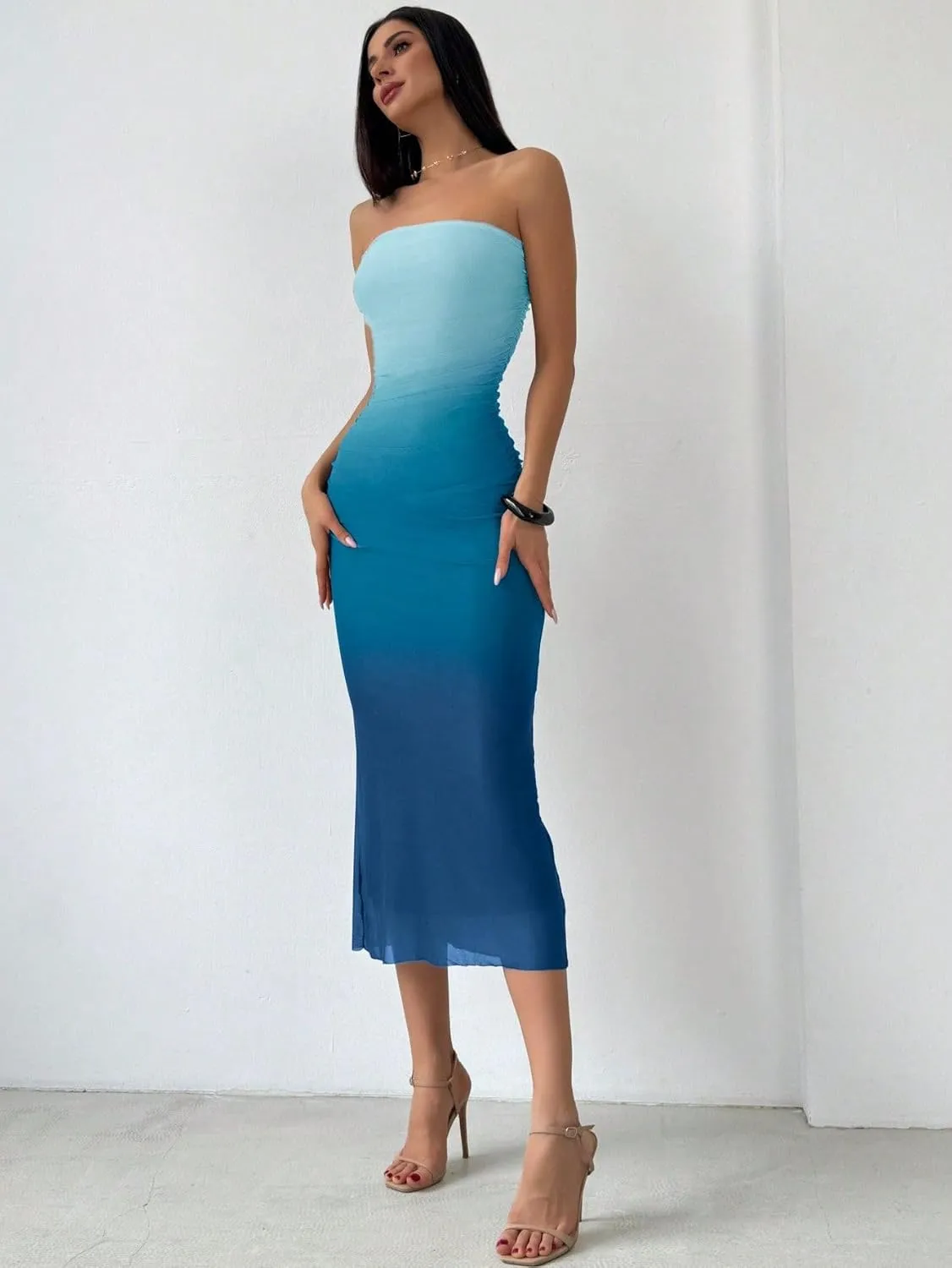 Women's Summer Dress Gradient Strapless Tube Dress Bodycon Long Dress Side Slit Mesh Layered