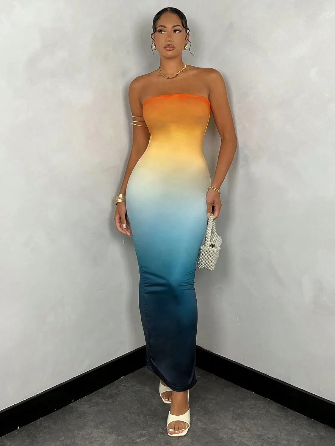 Women's Summer Dress Gradient Strapless Tube Dress Bodycon Long Dress Side Slit Mesh Layered
