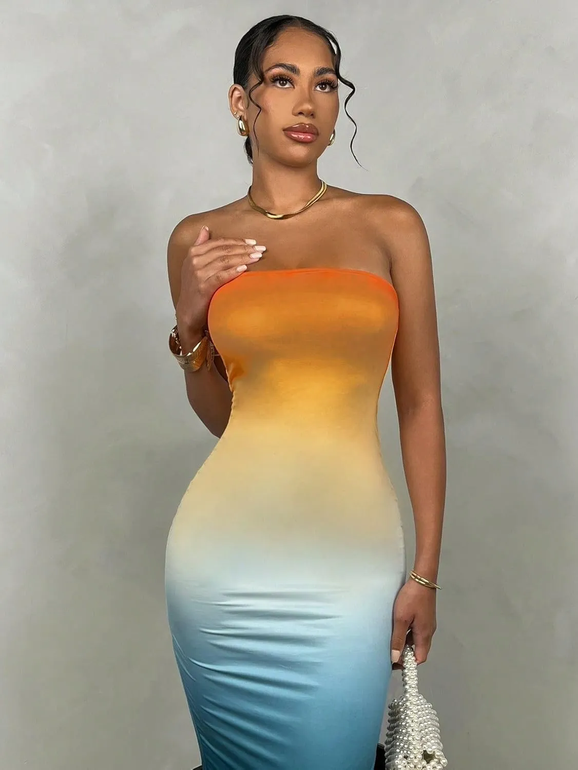 Women's Summer Dress Gradient Strapless Tube Dress Bodycon Long Dress Side Slit Mesh Layered