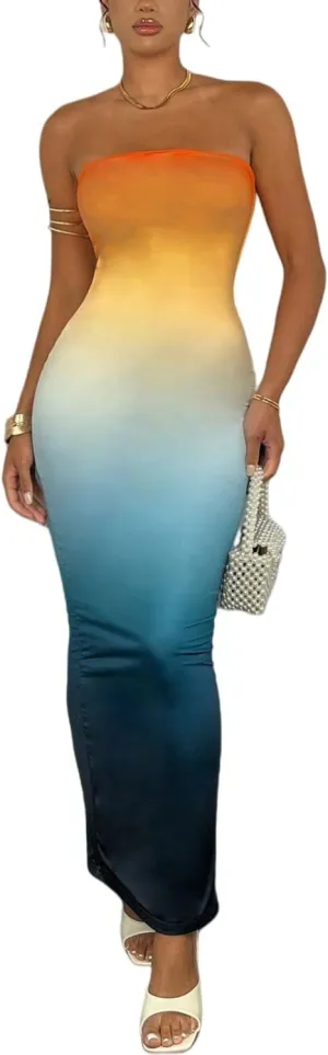Women's Summer Dress Gradient Strapless Tube Dress Bodycon Long Dress Side Slit Mesh Layered