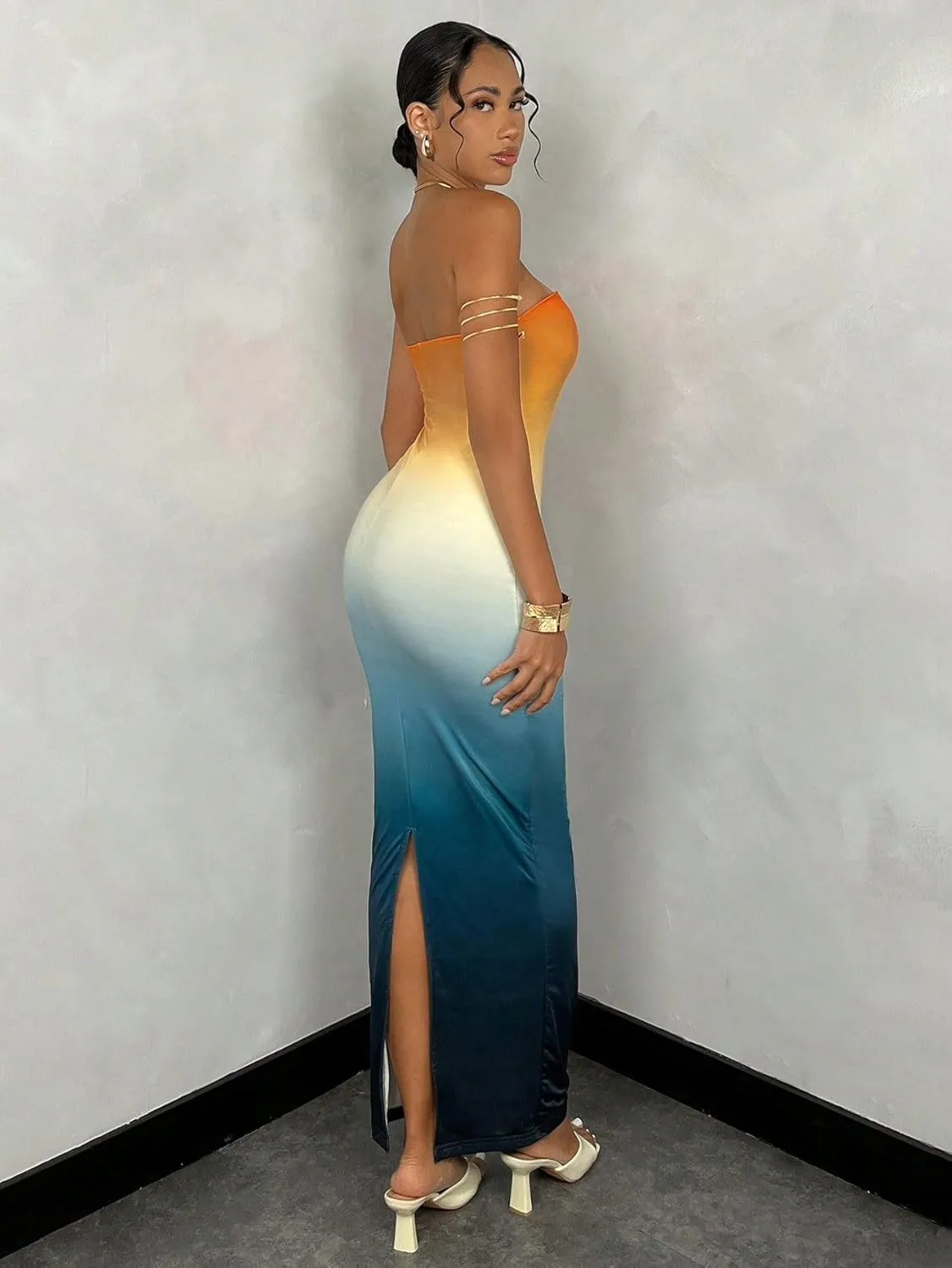 Women's Summer Dress Gradient Strapless Tube Dress Bodycon Long Dress Side Slit Mesh Layered