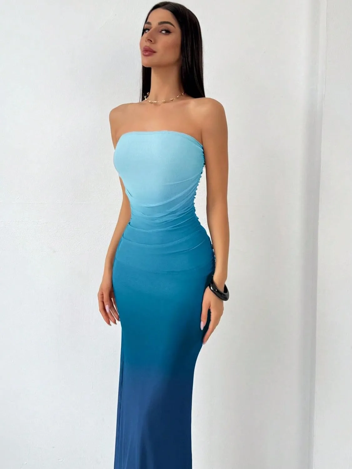 Women's Summer Dress Gradient Strapless Tube Dress Bodycon Long Dress Side Slit Mesh Layered