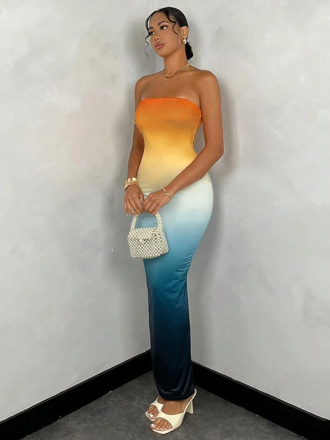 Women's Summer Dress Gradient Strapless Tube Dress Bodycon Long Dress Side Slit Mesh Layered